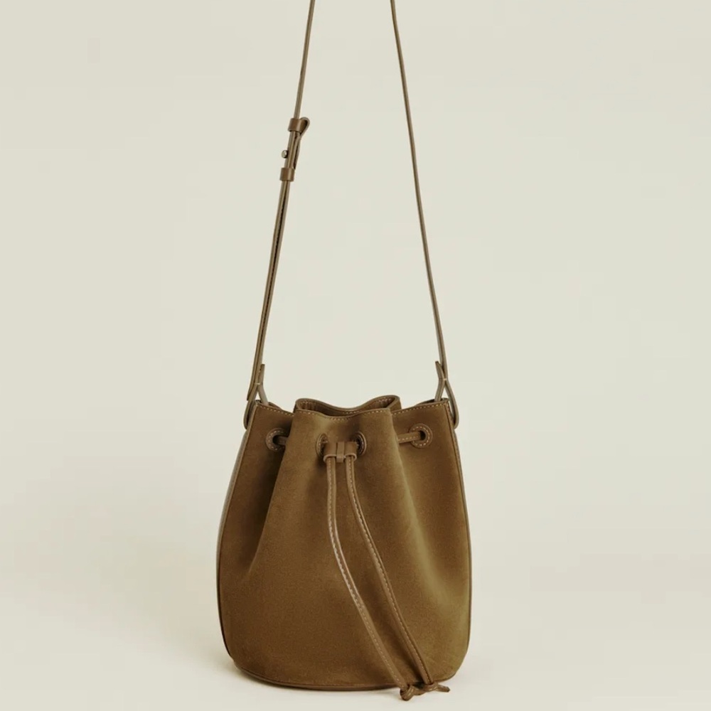 LIKE NEW REFORMATION Ornellia Bucket Bag, Bog Suede - Picture 2 of 9